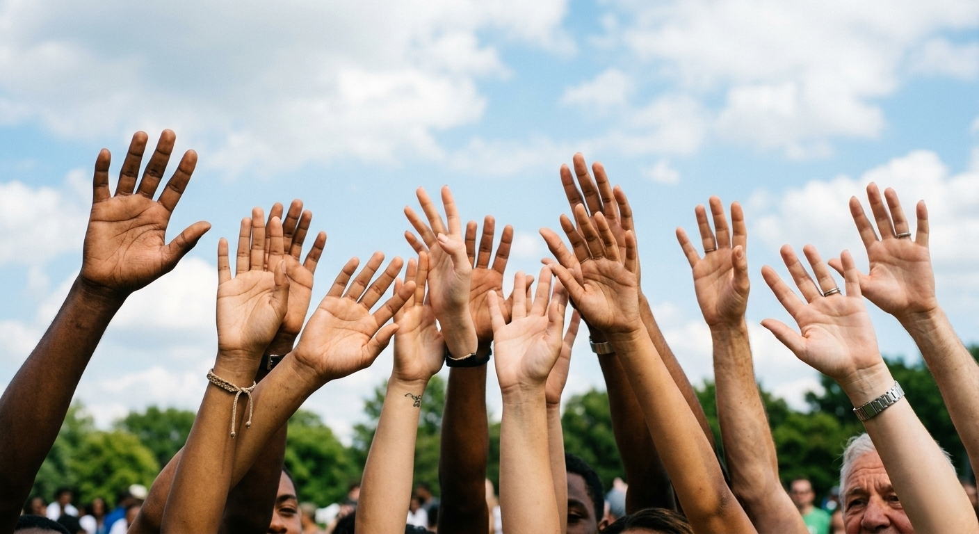 A diverse group of people raising their hands outdoors, representing career guidance and new opportunities